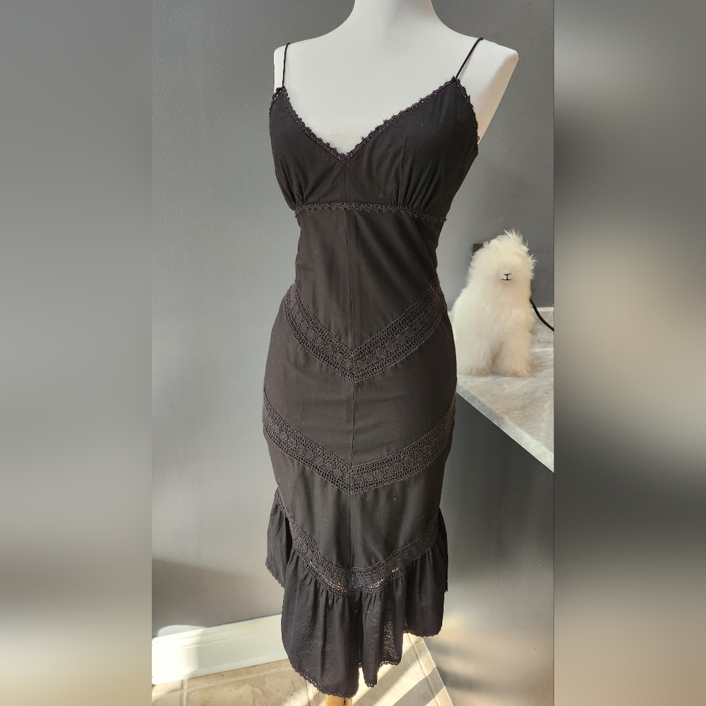 Ralph Lauren Black Spaghetti-Strap Lace Trim Midi Dress Size 0